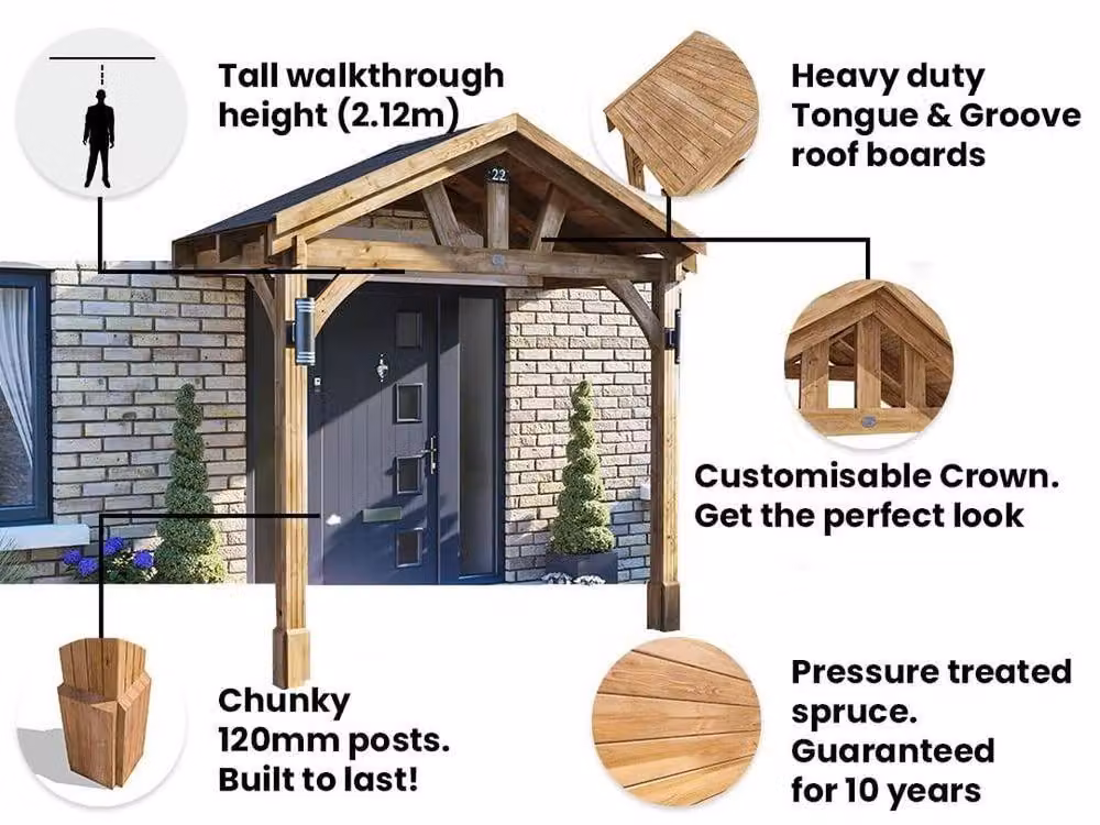 Dunster House Wooden Porch Canopy Kit with Black Shingles in Brown – 3
