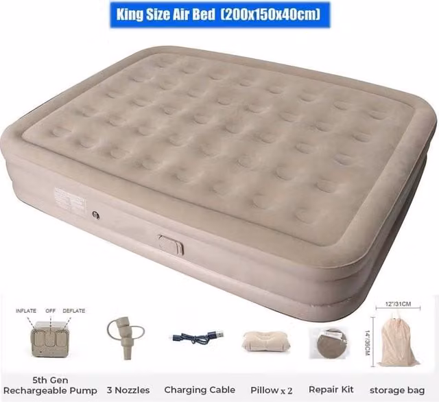 KORVIXA High Raised Inflatable Double King Size Air Bed Mattress, Beige, W: 180 cm x D: 200 cm – 1