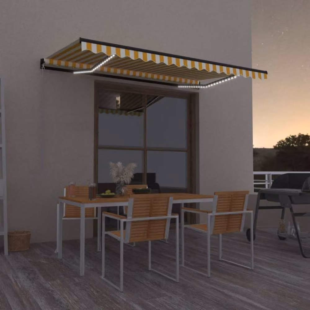 Berkfield Home Manual Retractable Awning with LED, Yellow and White Striped Polyester, W: 450 cm, D: 350 cm – 2