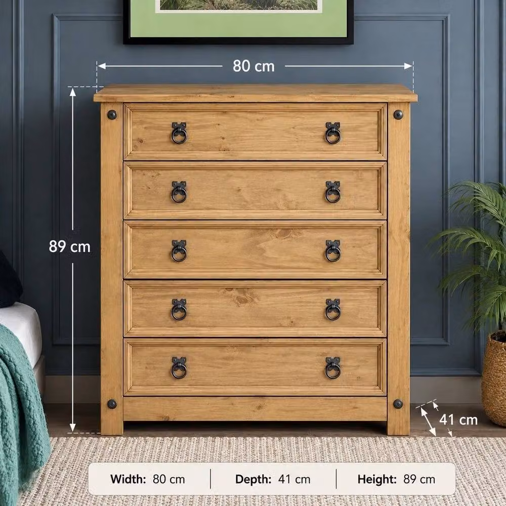 FORGEVIO 5 Drawer Solid Pine Chest of Drawers in Natural Wood – 3