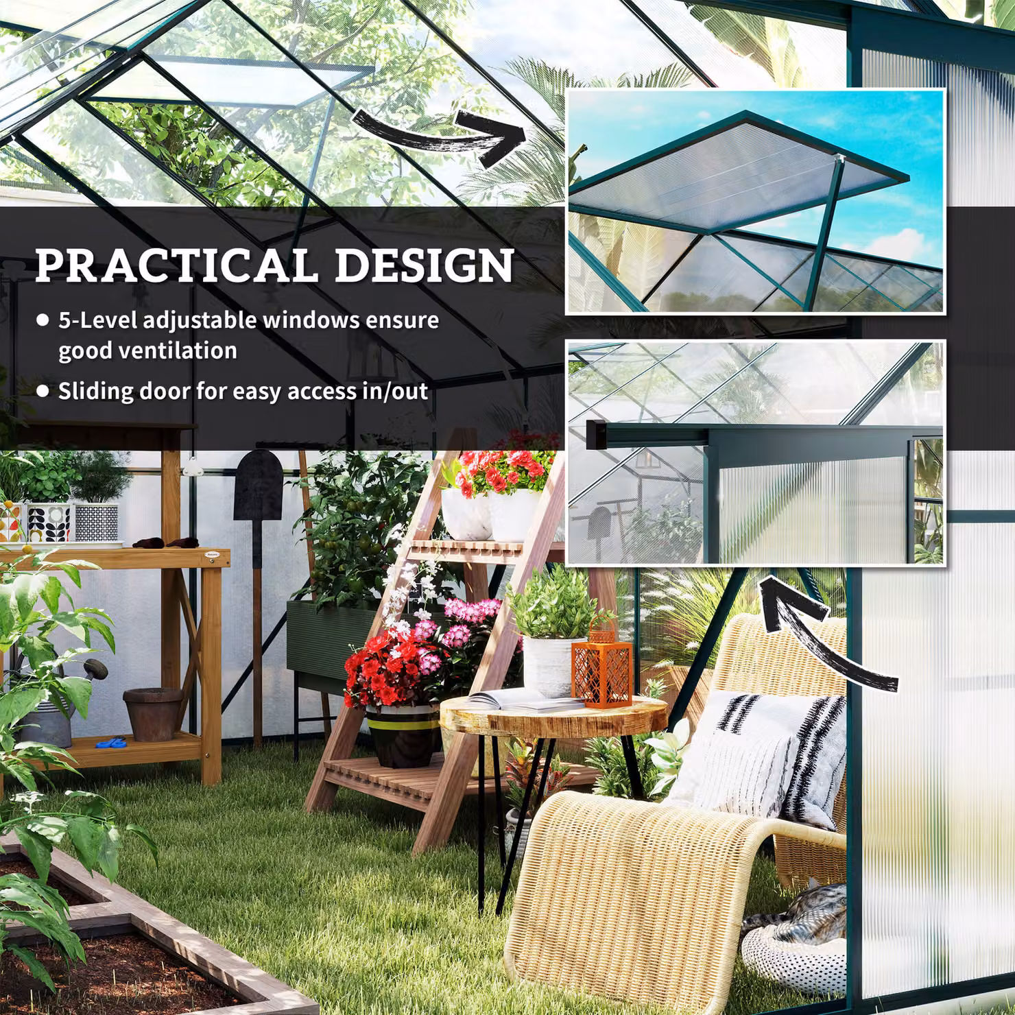 Outsunny Aluminium and Polycarbonate Walk-in Garden Greenhouse Kit with Adjustable Roof Vent and Rain Gutter, Clear, W: 243.84 cm, D: 244.0 cm, H: 215.0 cm – 5