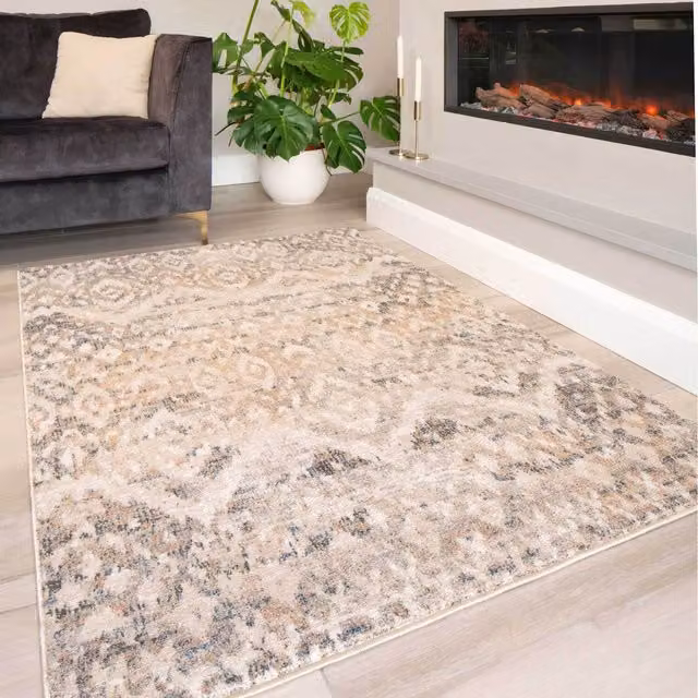 The Rug House Distressed Diamond Geometric Vintage Living Area Rug, Beige, W: 170 cm, D: 120 cm