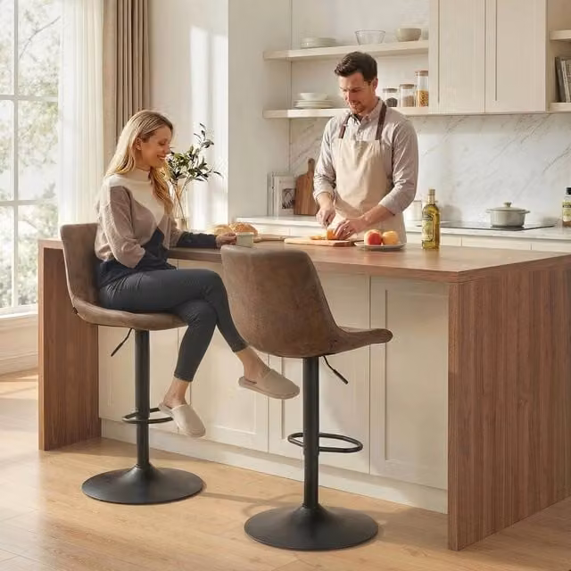 EONLION Set of 2 Adjustable Swivel Bar Stools in Brown Synthetic Leather – 1