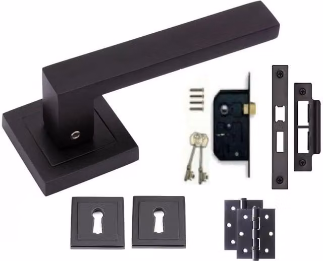 Golden Grace Matt Black Key Lock Door Handle with Square Rose Hinge Set
