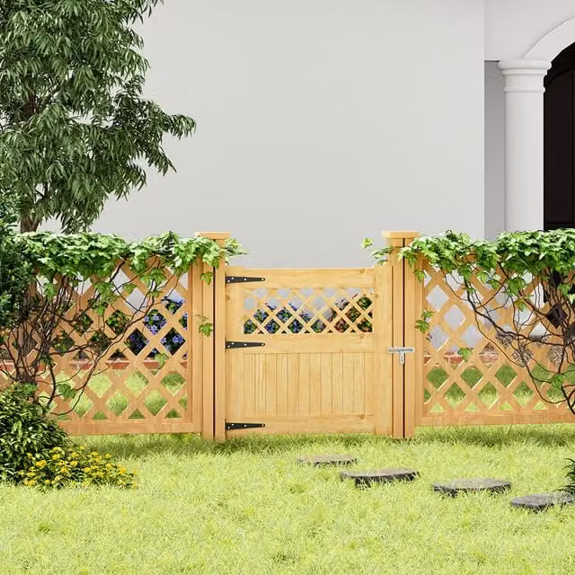 Livingandhome Rhombus Wood Garden Single Gate in Natural Brown and Yellow, W 90 cm x H 90 cm