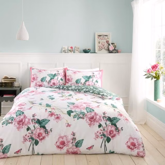 Gaveno Cavailia Blossom 3 Piece Reversible Double Bedding Set in Pink and Green, W/D/H: 200 x 200 x 50 cm