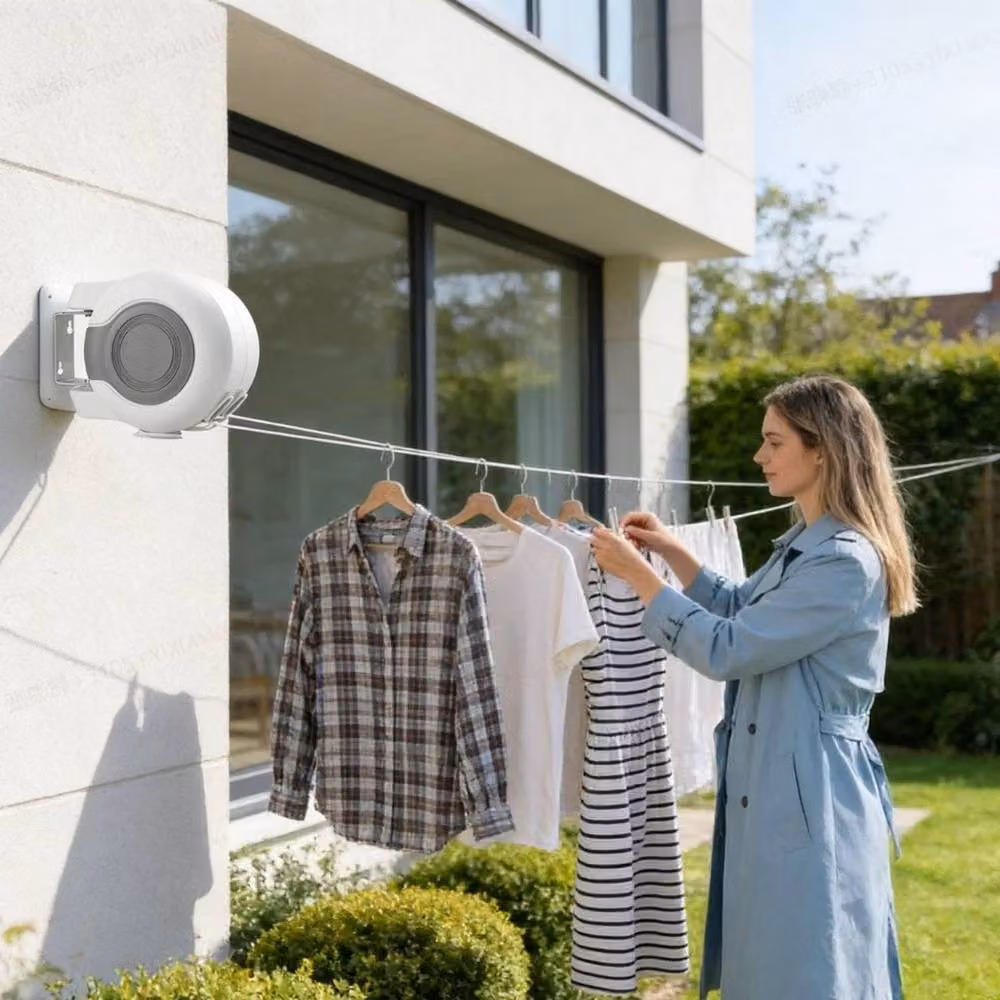 NESTLUNE Double Retractable Wall Mounted Outdoor Washing Line, White, W/D/H: 100 x 100 x 100 cm – 3