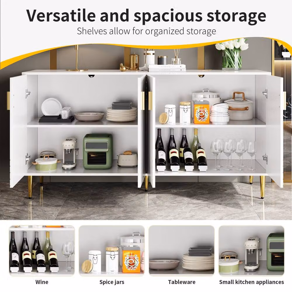 Rolipo Modern White Sideboard with 4 Doors, 2 Drawers and Gold Accents, Width: 152 cm – 4