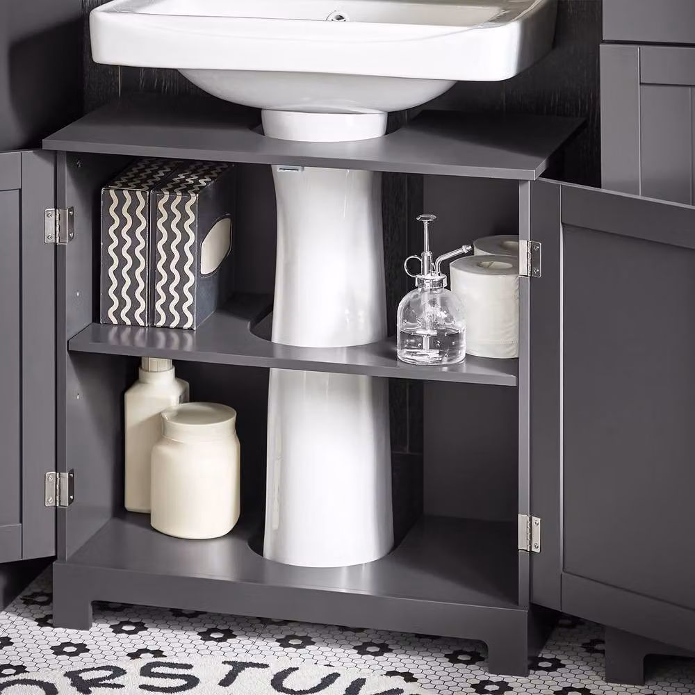 SoBuy Under Sink Bathroom Cabinet with Hinged Doors and Internal Shelves, Dark Grey, H: 60 cm – 5