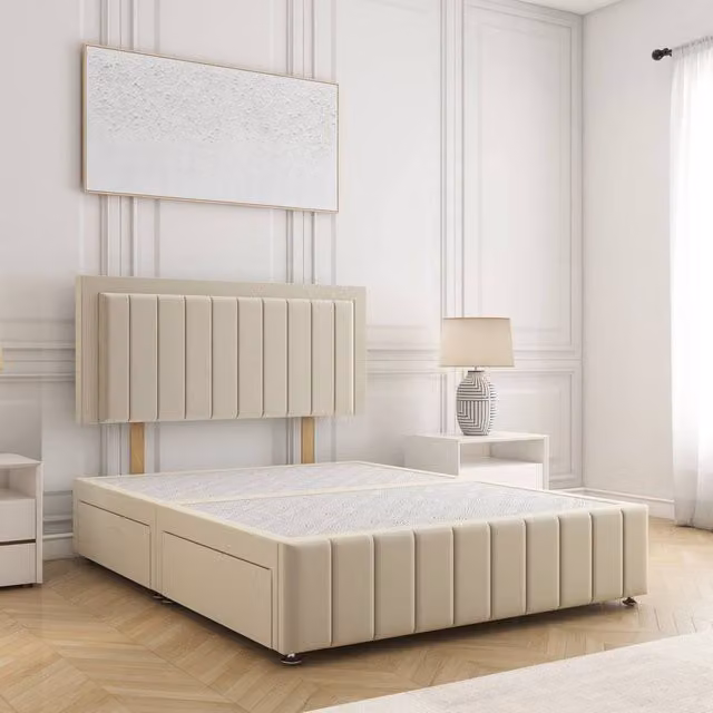 BSSPOKE Sophia King Size Divan Bed with 24 inch Plush Headboard and 2 Drawers in Beige