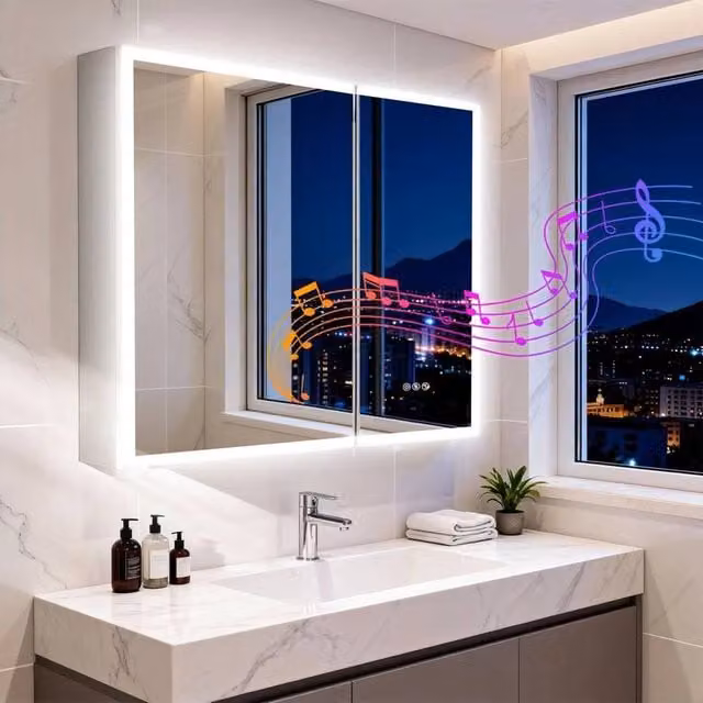 FORGEVIO Modern White Wall-Mounted Bathroom Medicine Cabinet with Double Mirrored Glass Doors, LED Lighting and Anti-Fog Function