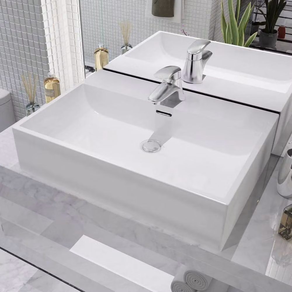 Berkfield White Ceramic Rectangular Wall Mounted Basin with Faucet Hole W/D/H: 60.5 x 42.5 x 14.5 cm – 2
