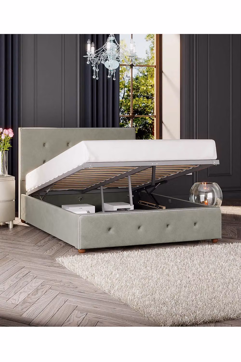 Laurence Llewelyn-Bowen Hesper Ottoman Storage Bed in Blue Plush Velvet Fabric, Double Size (140 x 200 cm) – 2