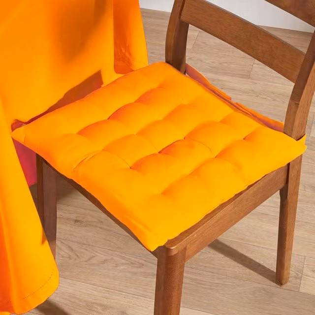 Homescapes Orange Cotton Square Seat Pad with Button Straps, Set of 6