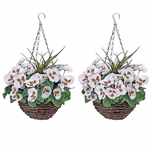 GreenBrokers Set of 2 Round Hanging Baskets with Mixed White, Purple and Blue Floral Decorations and Rattan Effect Plastic Finish