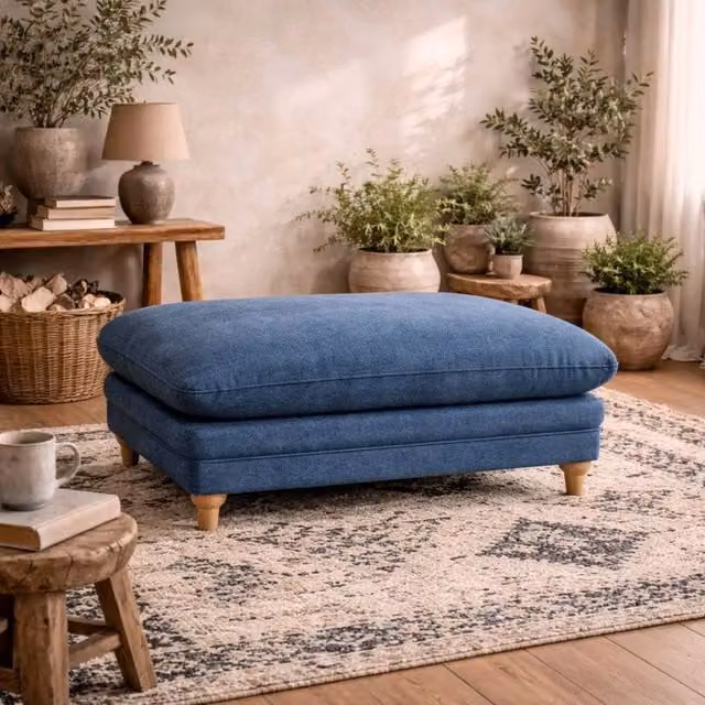 Wyld Haus Bambola Retro Denim Chenille Rectangular Footstool in Blue W/D/H: 53.5 x 49.5 x 49.5 cm – 1