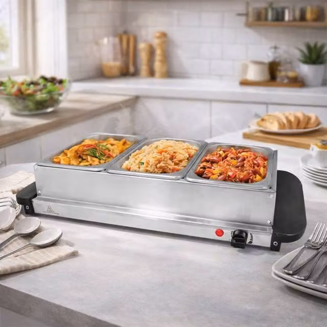 Dragodirect Electric Buffet Server and Warming Plate in Metallic Silver