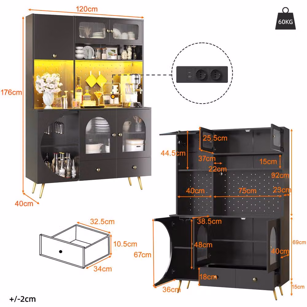 BTM Tall Kitchen Cabinet in Black with Glass Doors, LED Lighting and USB Ports, H 176 x W 61 x D 40 cm – 3