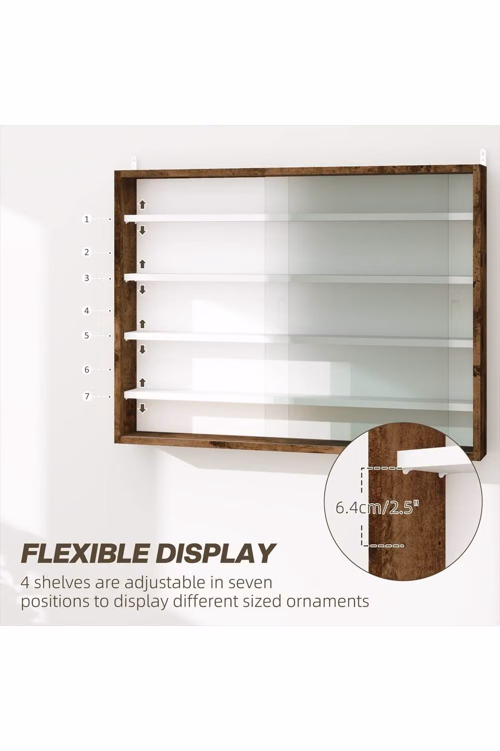 ERGOVEXA 5-Tier Wall Mounted Display Shelf Unit with Glass Doors, Rustic Brown – 2