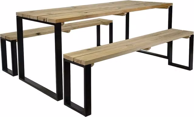 Cerland Blakea 6 Seater Wooden Garden Dining Set with Table and Benches in Brown and Beige Pine