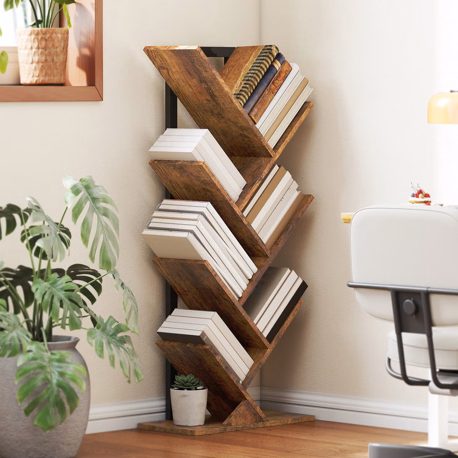 HOMCOM Six-Section Tree Bookcase in Brown Wood-Effect with Media Compartments – 2