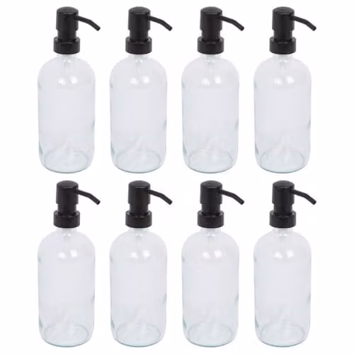 Harbour Housewares Pack of 8 Refillable Clear Glass Soap Dispensers with Black Pumps, 500ml – 1
