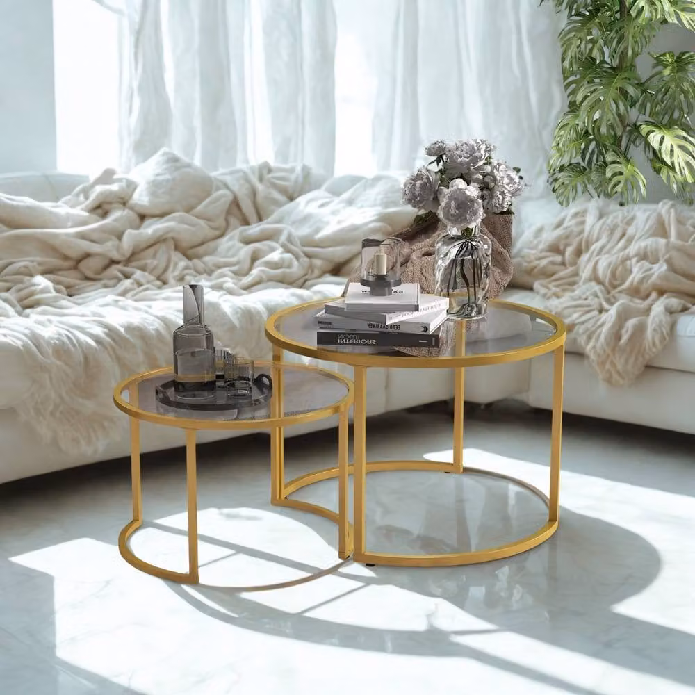 FURNOS Set of 2 Round Gold Nesting Tables with Tempered Glass Tops – 2