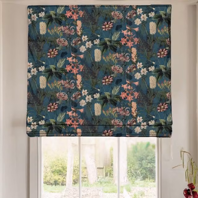 Linda Barker Grandi Floral Velvet Made To Measure Roman Blind in Petrol and Multicolour