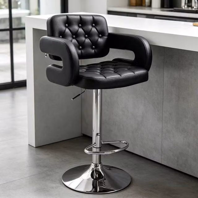 ERGOVEXA Luxe PU Leather Swivel Bar Stool with Armrests in Black
