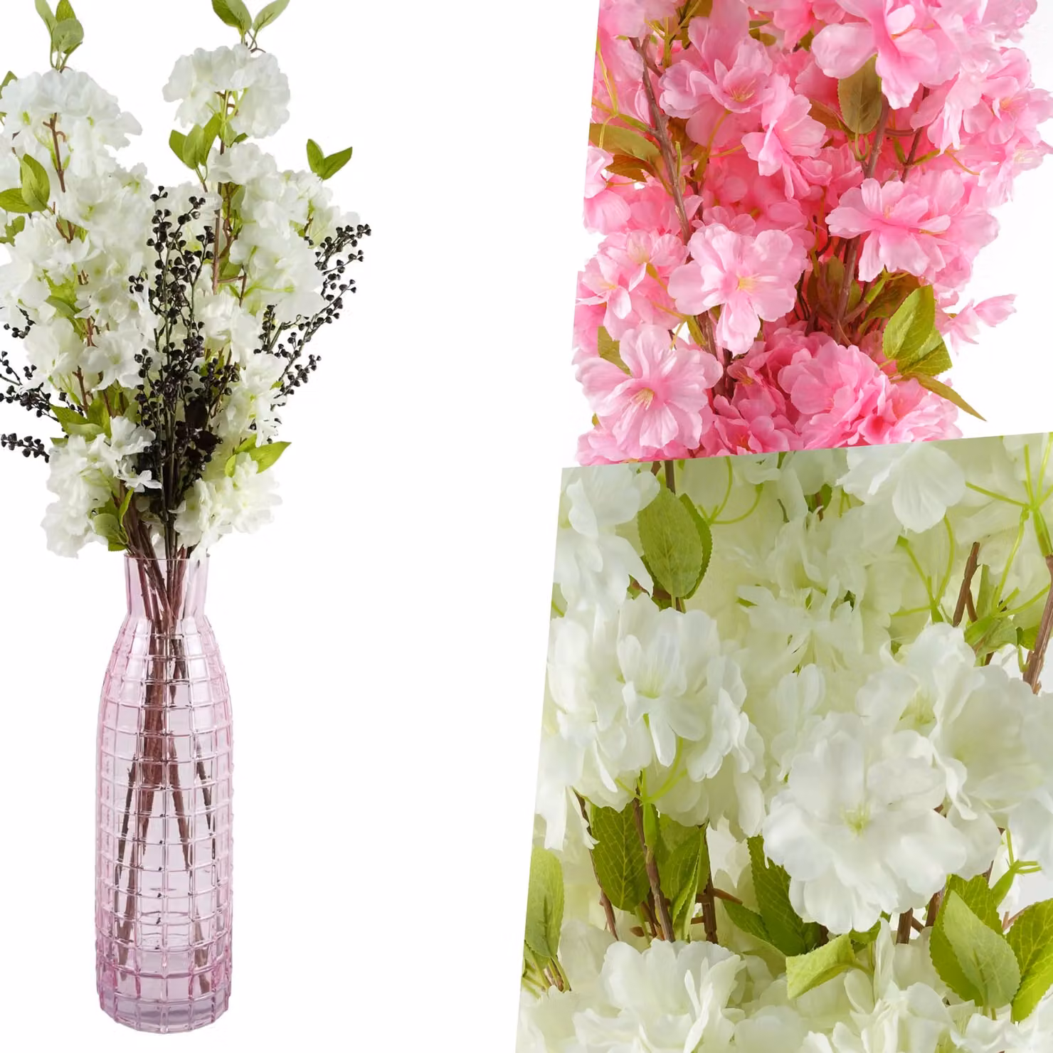 Pegdev Pack of 6 Pink and White Artificial Textile Blossom Stems, 100 cm Height, for Wedding and Tabletop Floral Arrangements – 3