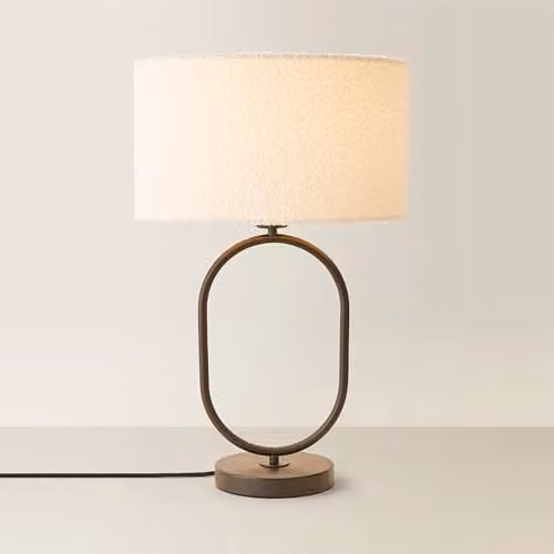 ValueLights Antonia Oval Table Lamp with Cream Boucle Drum Shade and Matte Black Base