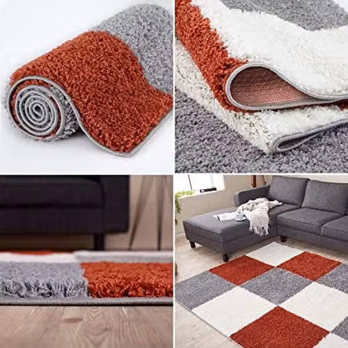 THE RUGS Modern Checked Shaggy Area Rug in Grey and Multicolour, W/D/H: 180 x 270 x 1 cm – 6
