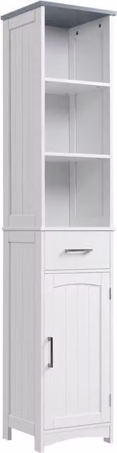 Kleankin Tall Linen Tower Bathroom Cabinet in White, Slim Freestanding Organizer with 3 Tier Shelves, Cupboard and Drawer – 1