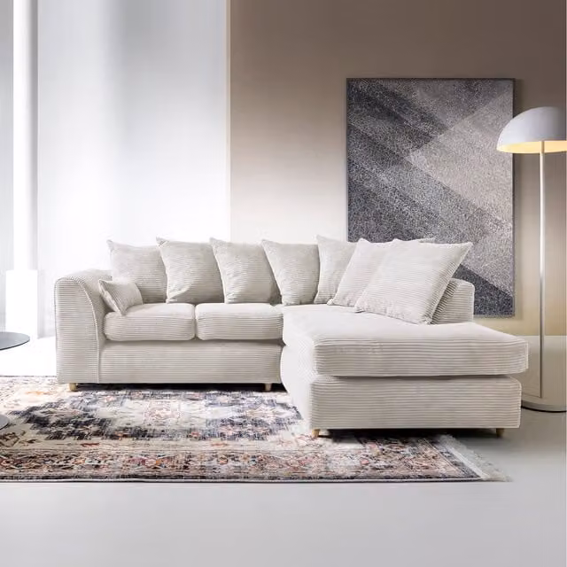 Abakus Direct Jumbo Cord Right-Facing Corner Sofa in White with Scatter Cushions