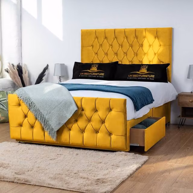 UK Bed Furniture Jubilee Divan Bed with 4 Drawers and 26 Inch Headboard in Yellow Velvet, Size: King (W/D: 180 x 200 cm)