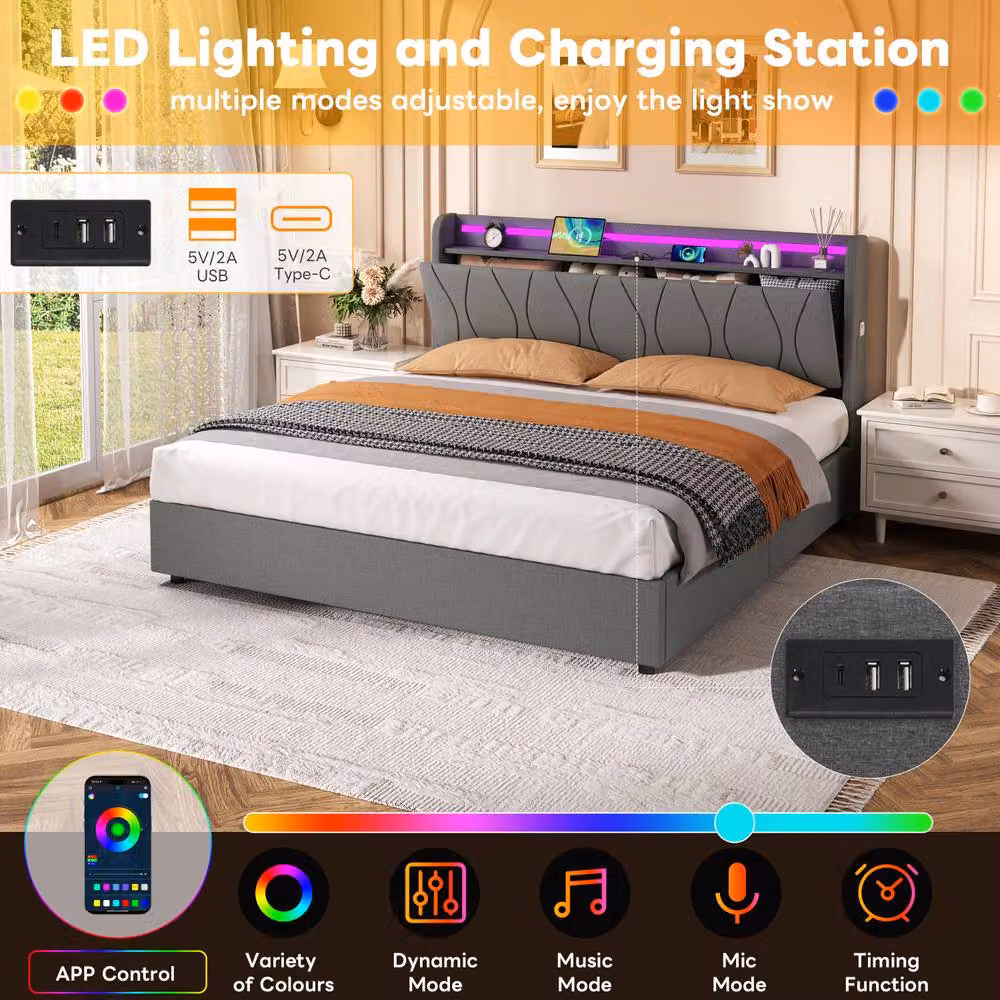 BTM King Bed with Hydraulic Storage and LED Charging Headboard in Grey, W/D/H: 150 x 200 x 105 cm – 4