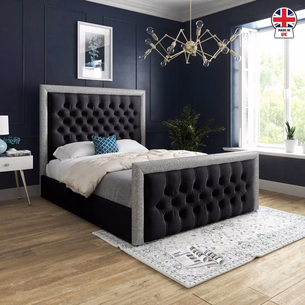 KDMD Wolston Designer Bed Frame in Black Soft Velvet with Glitter Border, Super King, W/D/H: 200 x 189 x 137 cm – 3