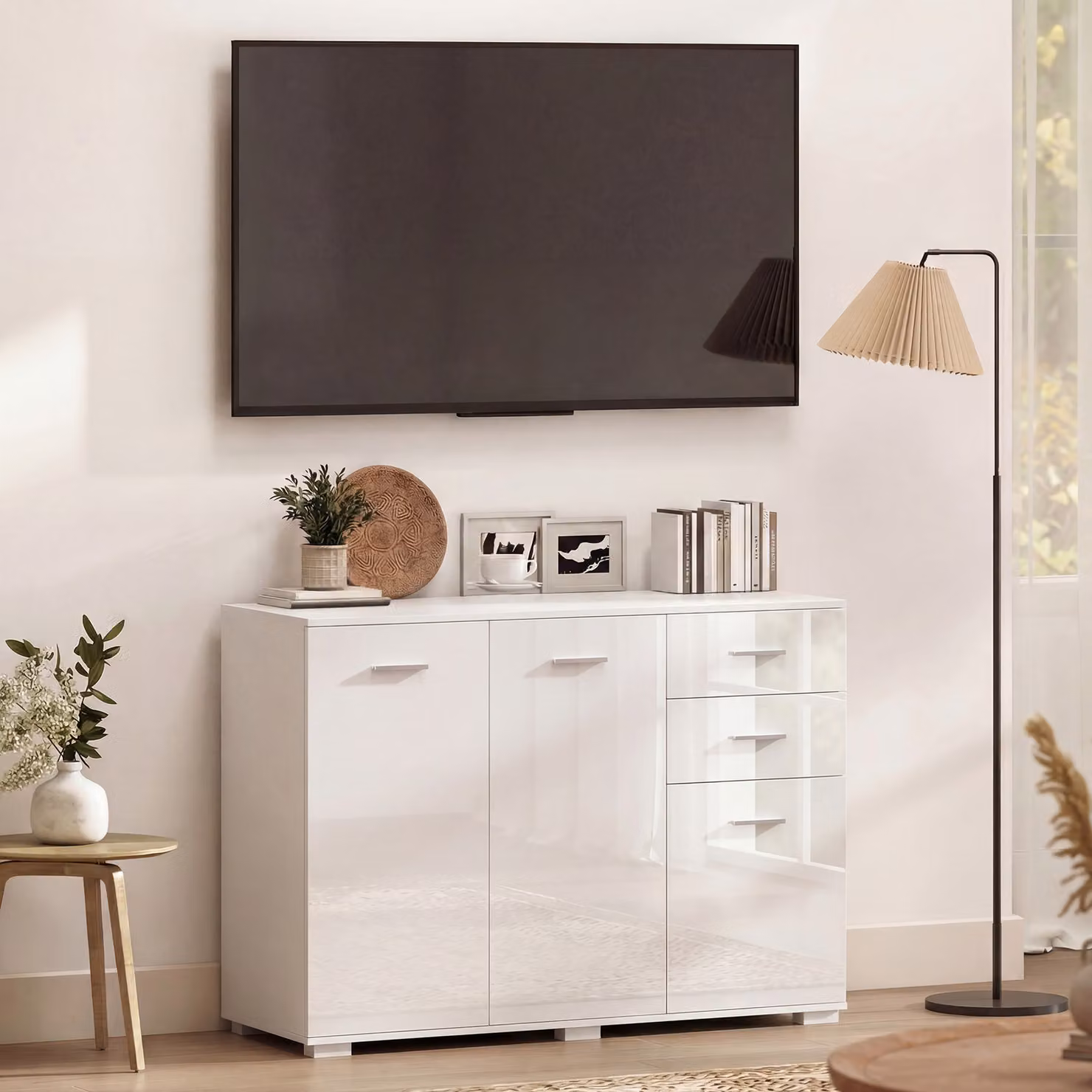 HOMCOM Modern High Gloss White Sideboard with 2 Drawers, 3 Doors and Adjustable Shelves – 3