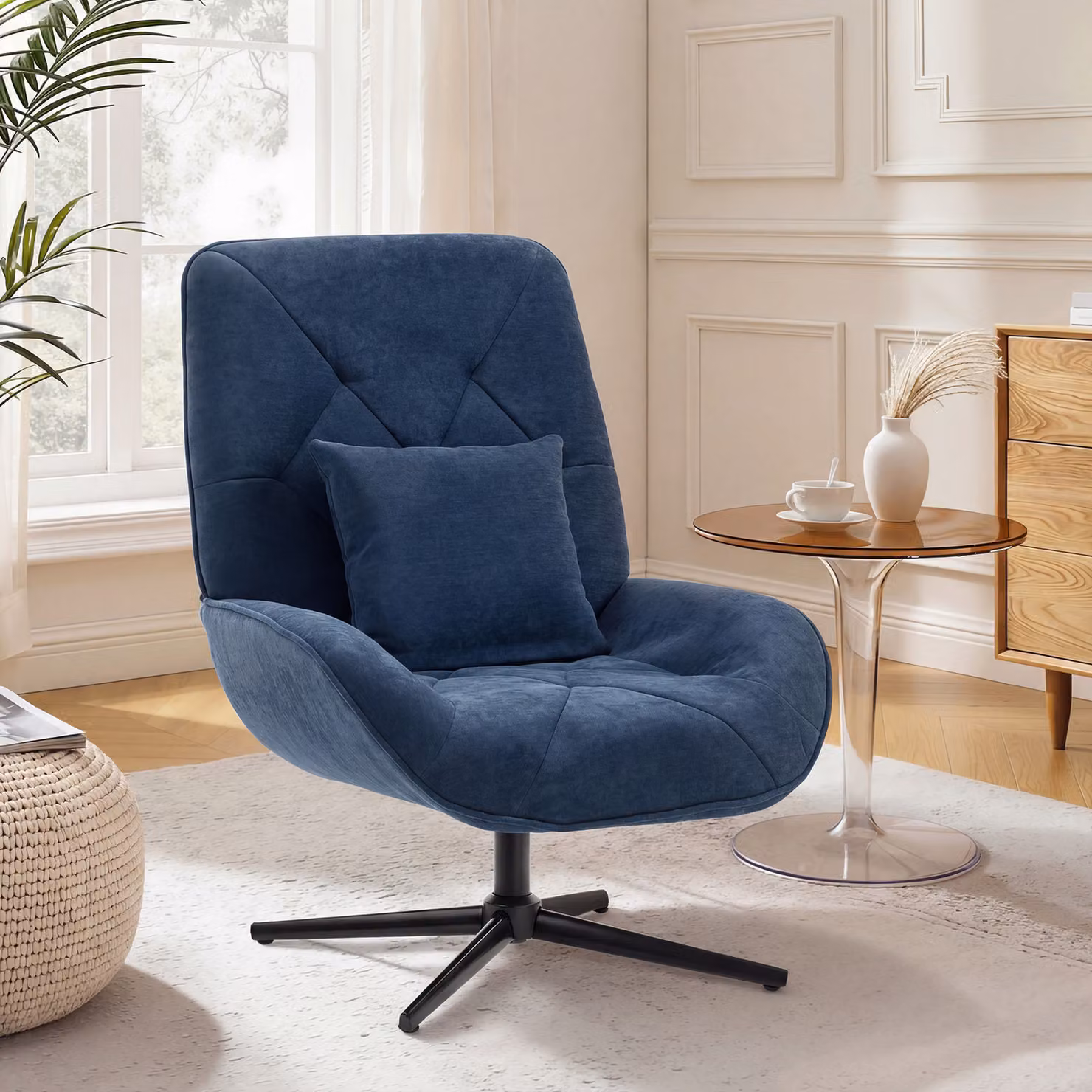 HOMCOM Blue Chenille Upholstered Swivel Accent Chair with Armrests and Metal Legs – 2