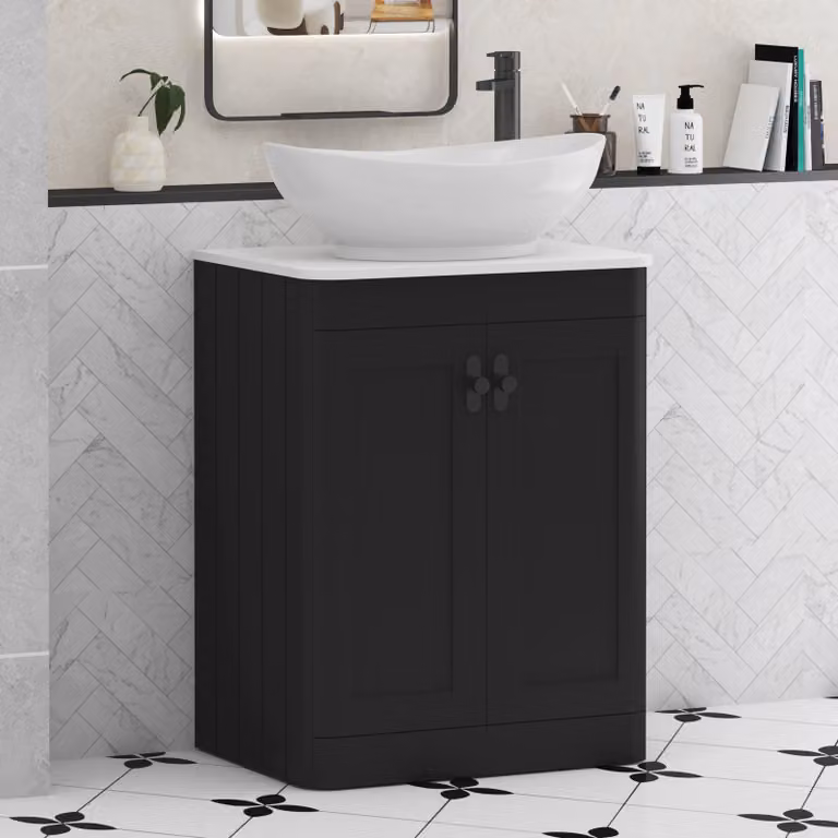 Royal Bathrooms Henley Matt Nocturne Black Floor Standing 2 Door Vanity Unit with Plain White Worktop