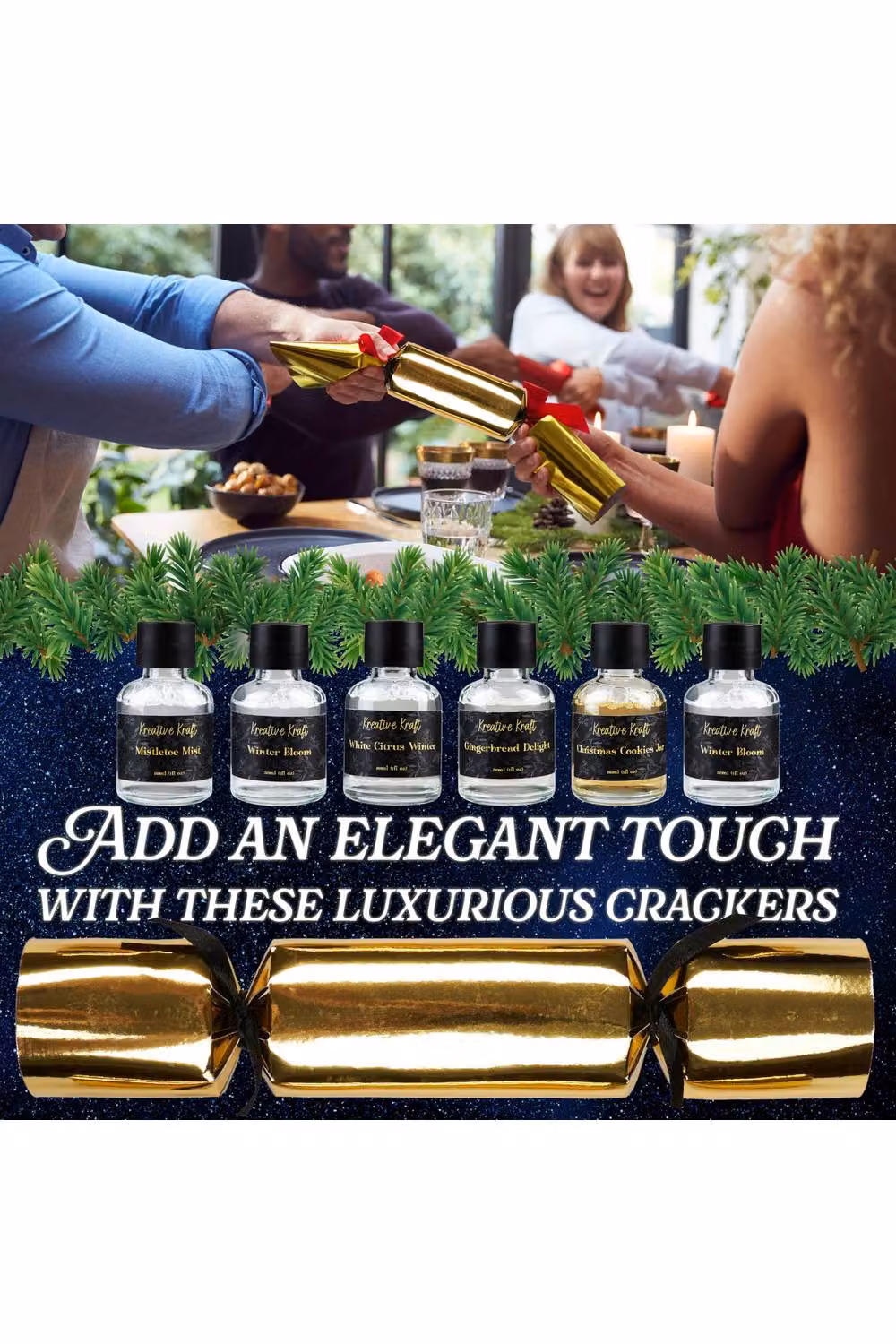 KreativeKraft Luxury Christmas Crackers Pack of 6 with Scented Reed Diffuser in Gold and Multicolour – 10
