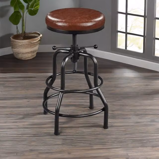 Rafaelo Mobilia Industrial Faux Leather Bar Stool in Brown with Adjustable Height – 1