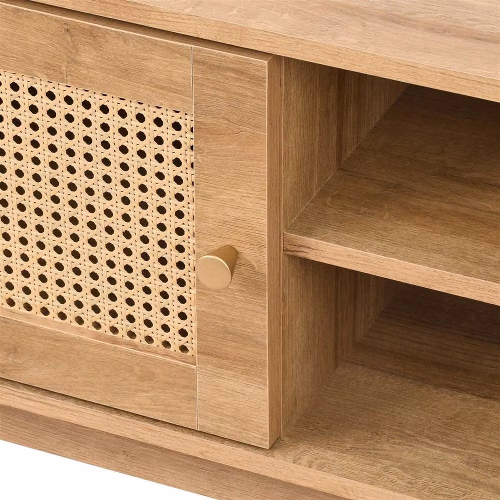 NESTLUNE Oak and Rattan 1 Door Corner TV Unit Stand in Brown – 3