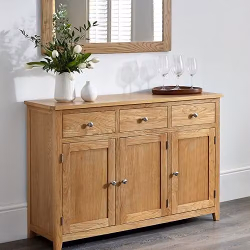 Julian Bowen Mallory Oak 3 Door 3 Drawer Sideboard, W/D/H: 128 x 40 x 86 cm