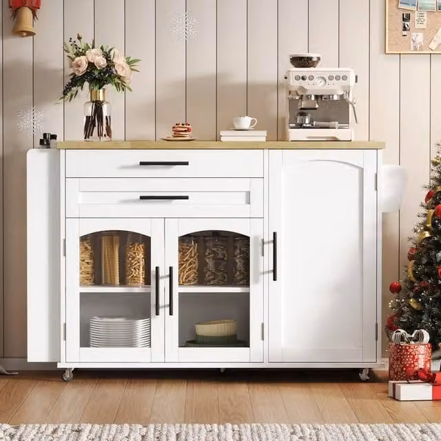 Merax White Mobile Kitchen Island Storage Cabinet with Glass Doors and Foldable Worktop