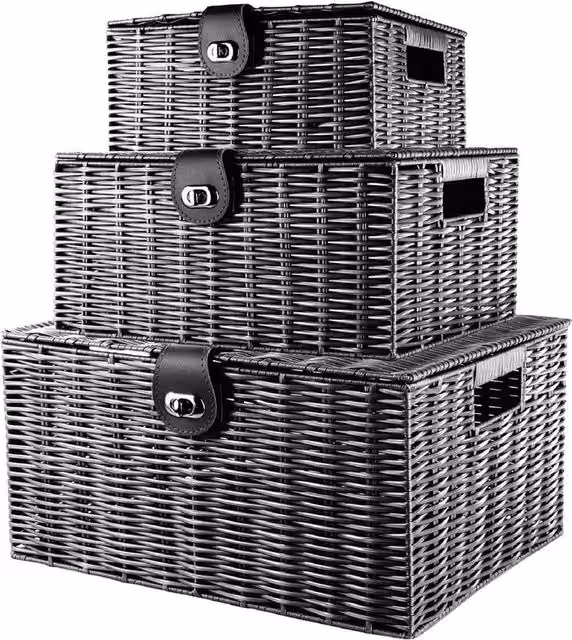 Vogrex Set of 3 Black Resin Woven Wicker Christmas Hamper Baskets