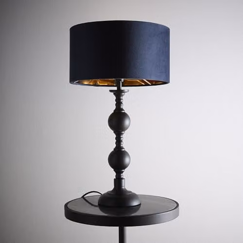 K LIVING Churchgate Table Lamp with Black Metal Base and Navy Blue Velvet Shade