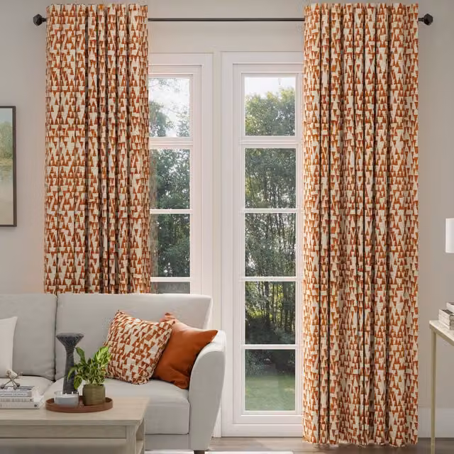 ANTE DECOR Hermes Made To Measure Blackout Chenille Fabric Panel Curtains in Cream and Orange Graphic Design