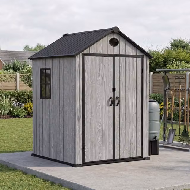 Breeins Apex Roof Wooden Garden Tool Shed in Grey Wood Grain with Double Doors and Gable Roof, Height: 163 cm