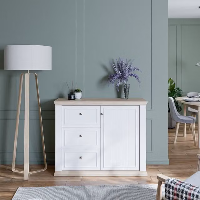 Furniture To Go Pontypool Sideboard with 3 Drawers and 1 Door in White and Riva Oak